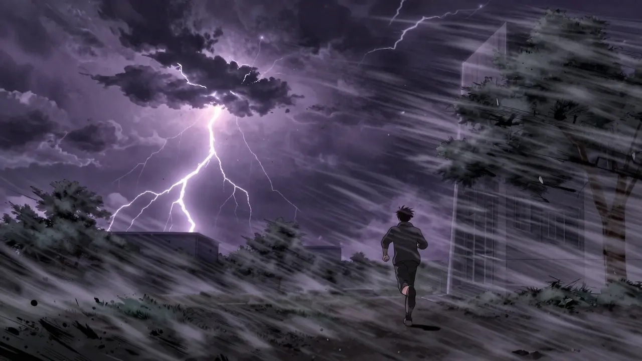 Anime illustration of a person seeking shelter from a violent thunderstorm during pollen season.