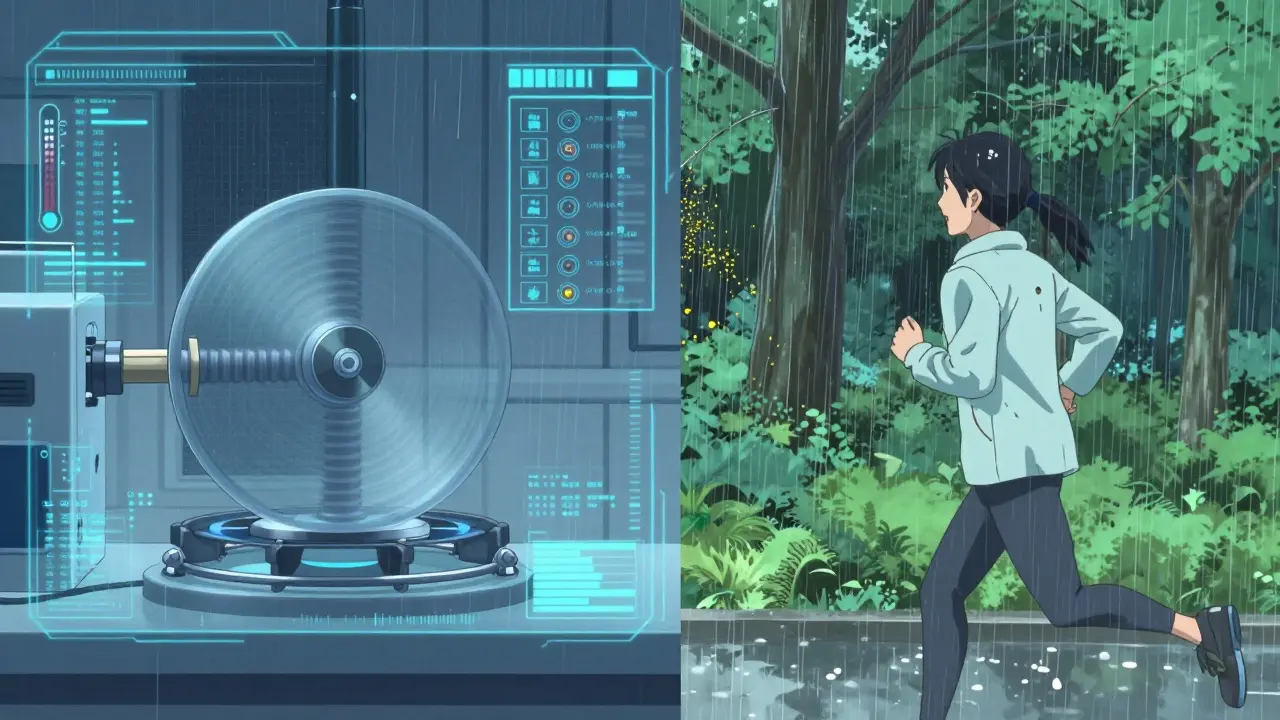 Anime split-screen showing a pollen monitoring device and a person jogging in the rain.