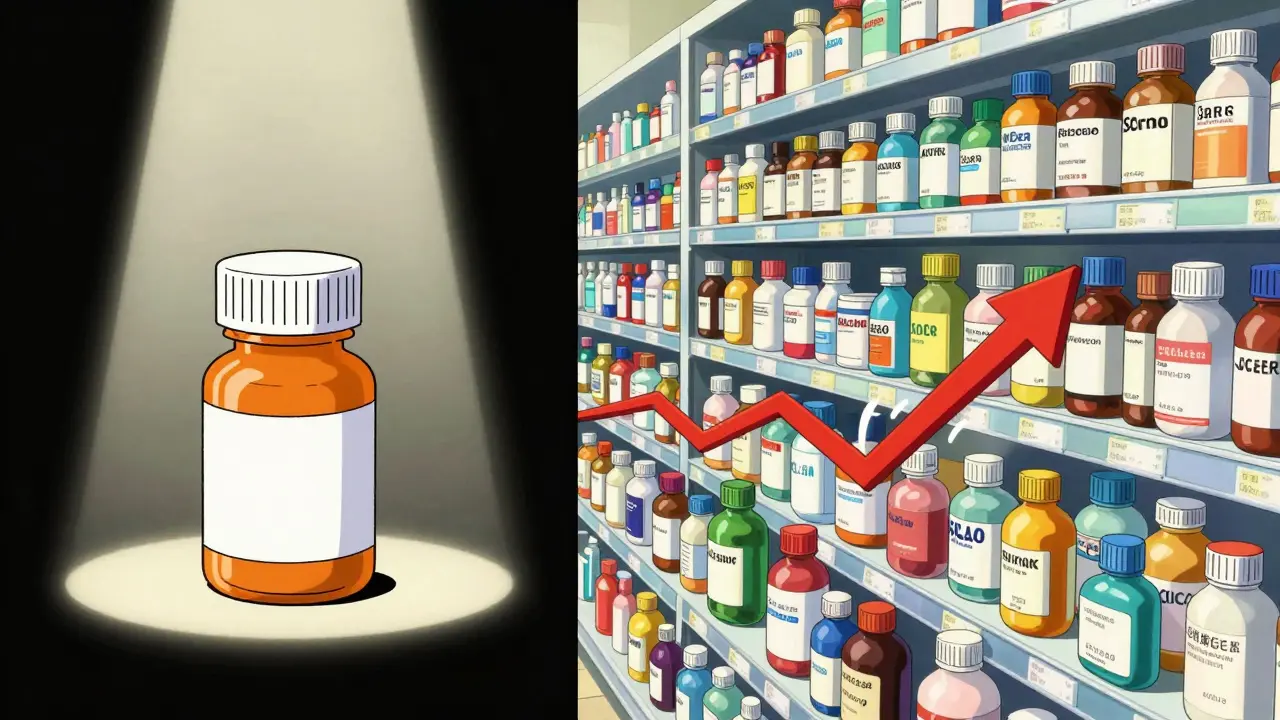 Anime split-screen showing one drug bottle versus many generic bottles.