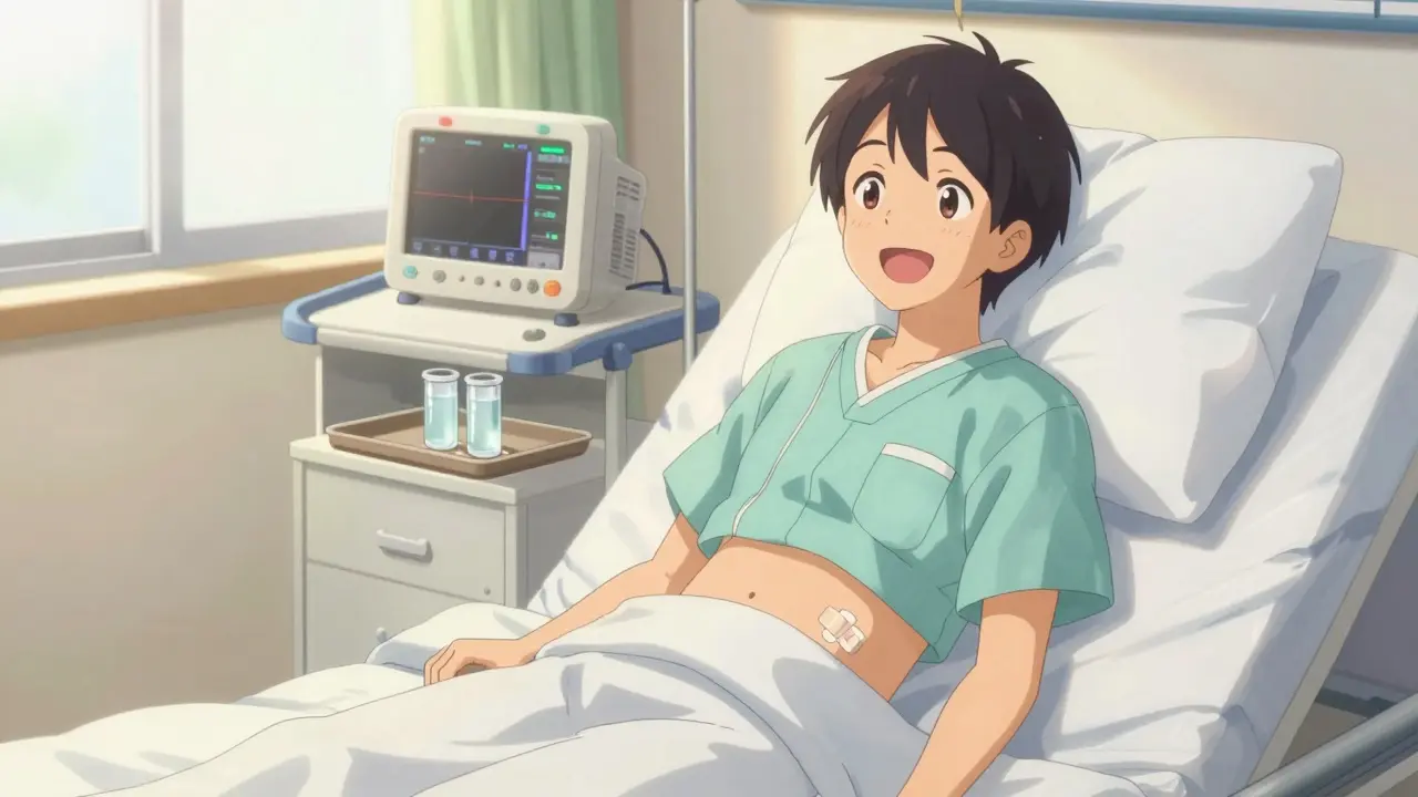 Anime style patient smiling in a sunny hospital room after gallbladder surgery