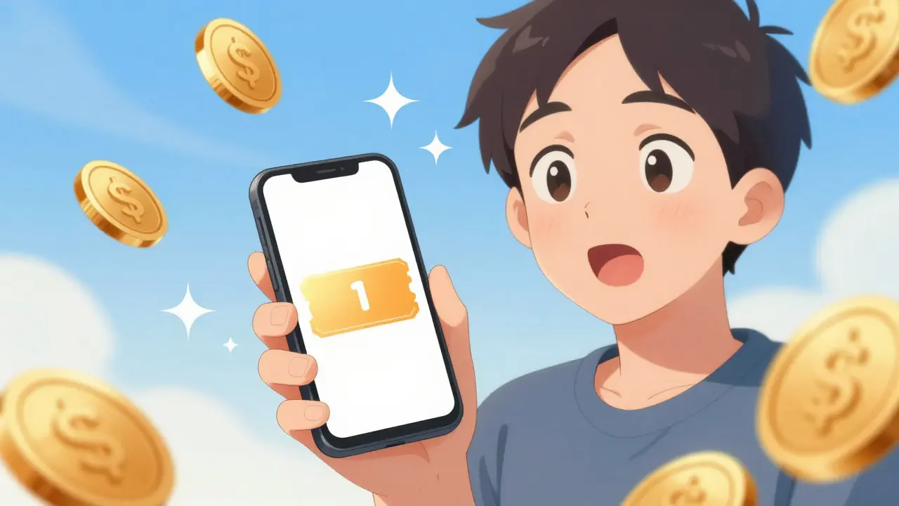Anime style person feeling happy while looking at a discount on their phone
