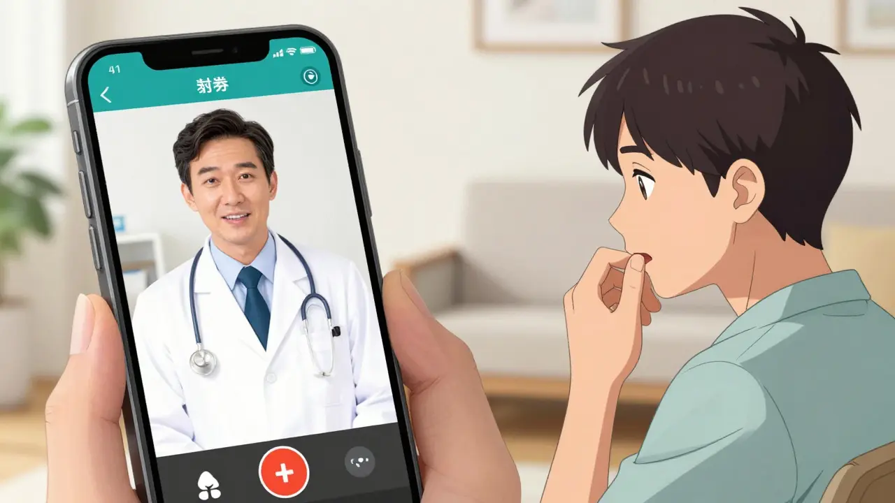 Anime style split-screen showing a patient in a video call with a doctor