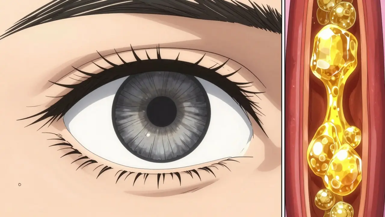 Close-up of an eye with corneal arcus and a stylized artery showing cholesterol plaque.