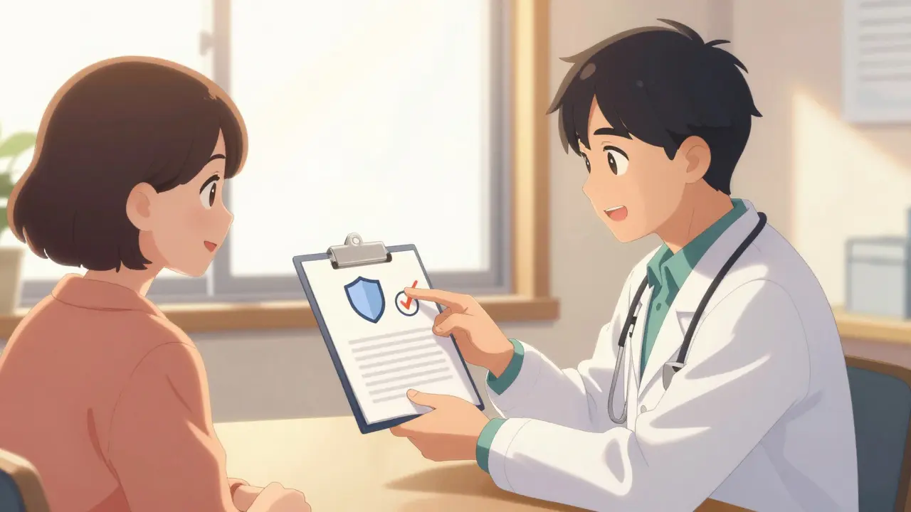 Doctor and patient discussing a simplified drug label with a helpful icon in anime style.