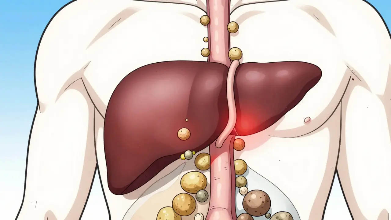 Manga style anatomical diagram of gallstones blocking the gallbladder duct