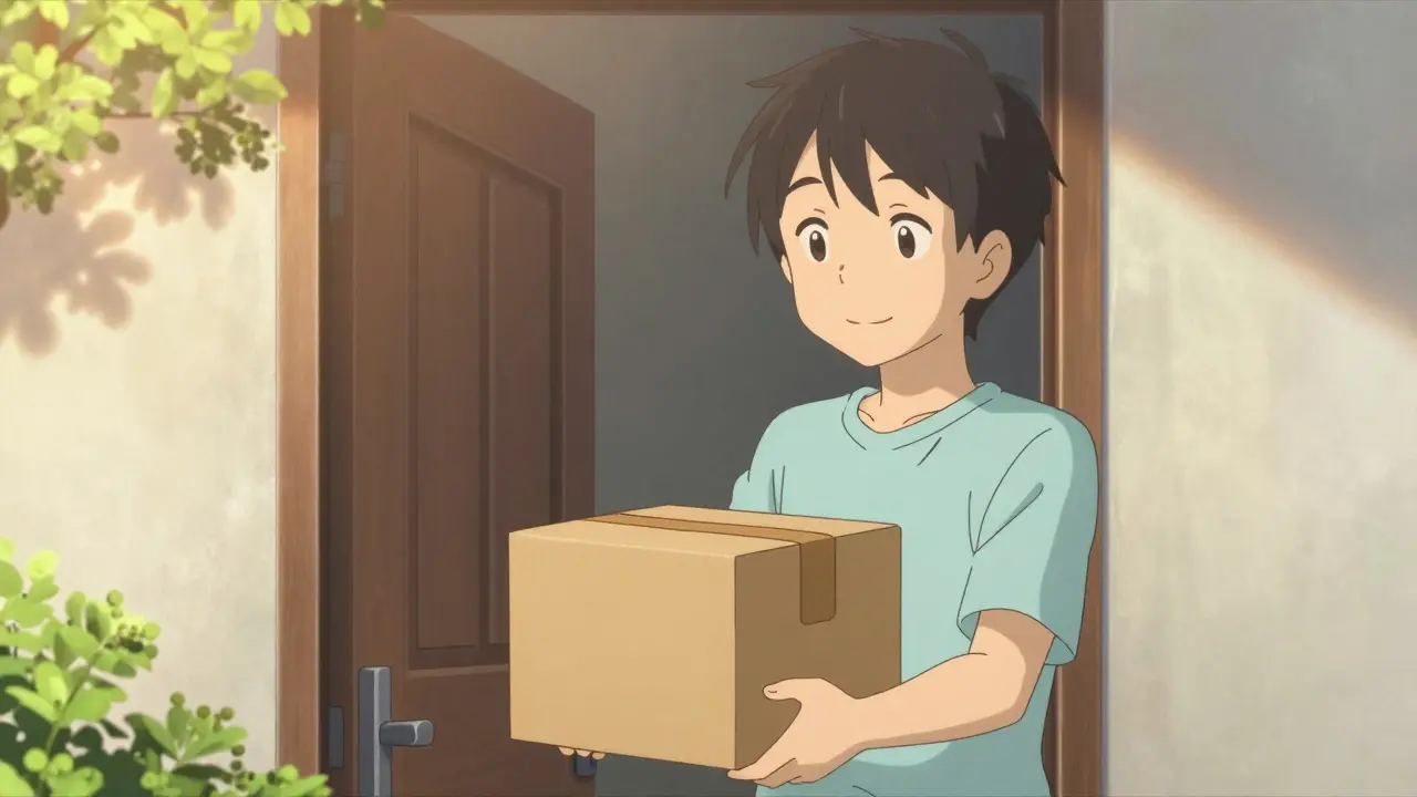 Person happily receiving a medication package at their door in anime style