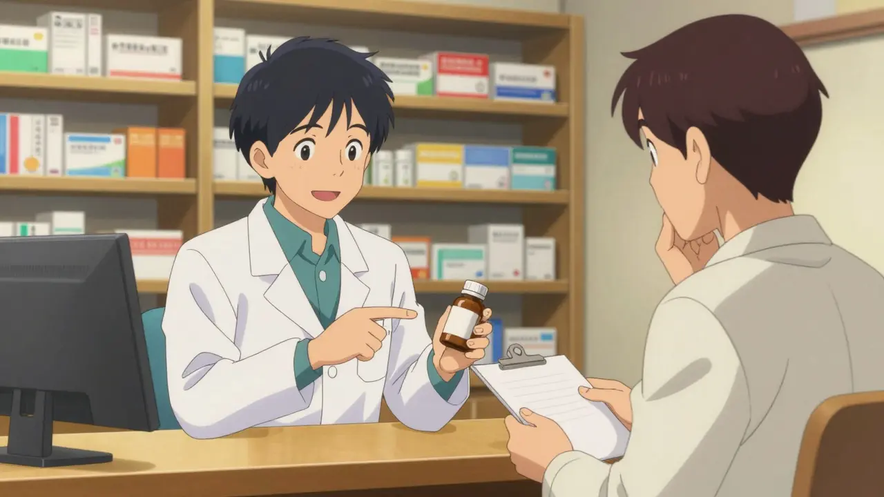 Pharmacist discussing medication with parent at counter