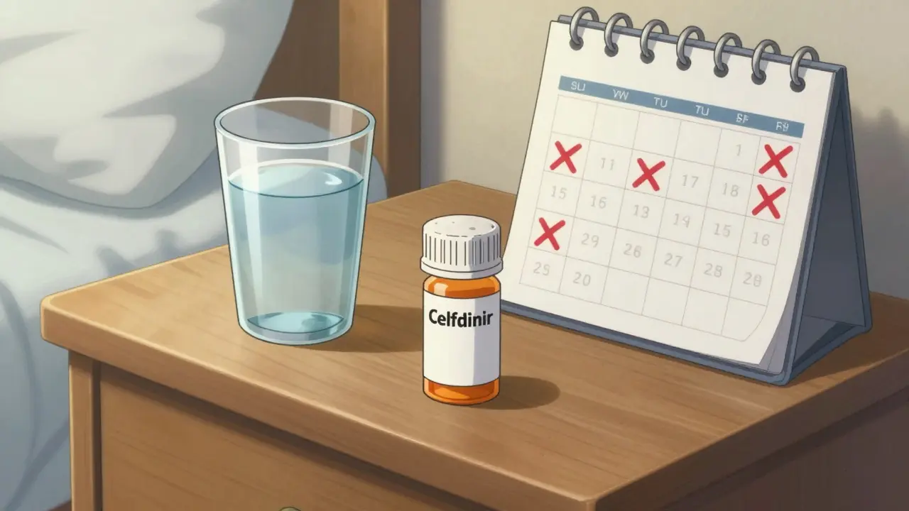 Prescription medication and a glass of water on a bedside table with a completed treatment calendar