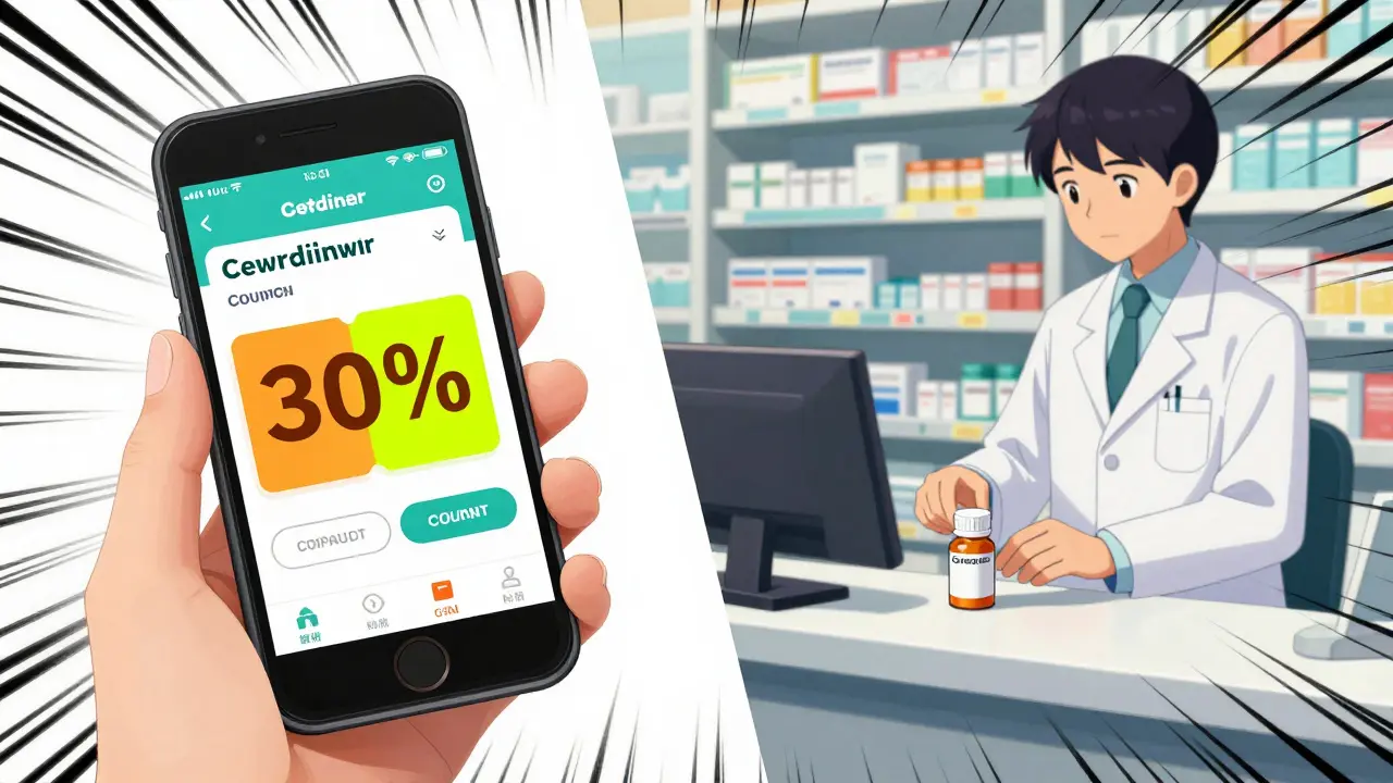 Split screen showing a pharmacy discount coupon and a pharmacist filling a prescription