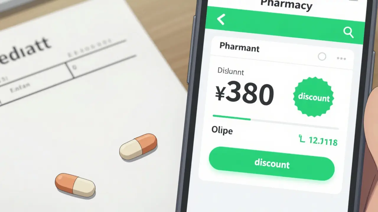 Split screen showing a prescription and a discounted online pharmacy page