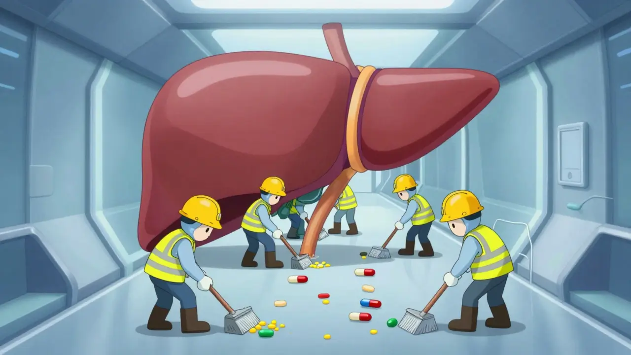 Stylized anime characters acting as enzymes cleaning up medication in the liver.